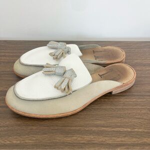 Leather White and Gray Mules with Tassel Detail